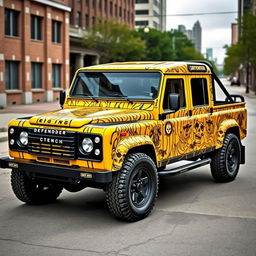 A yellow Land Rover Defender 130 pick-up truck with a full-body wrap featuring a design inspired by the shapes and patterns of a tiger and skull motifs