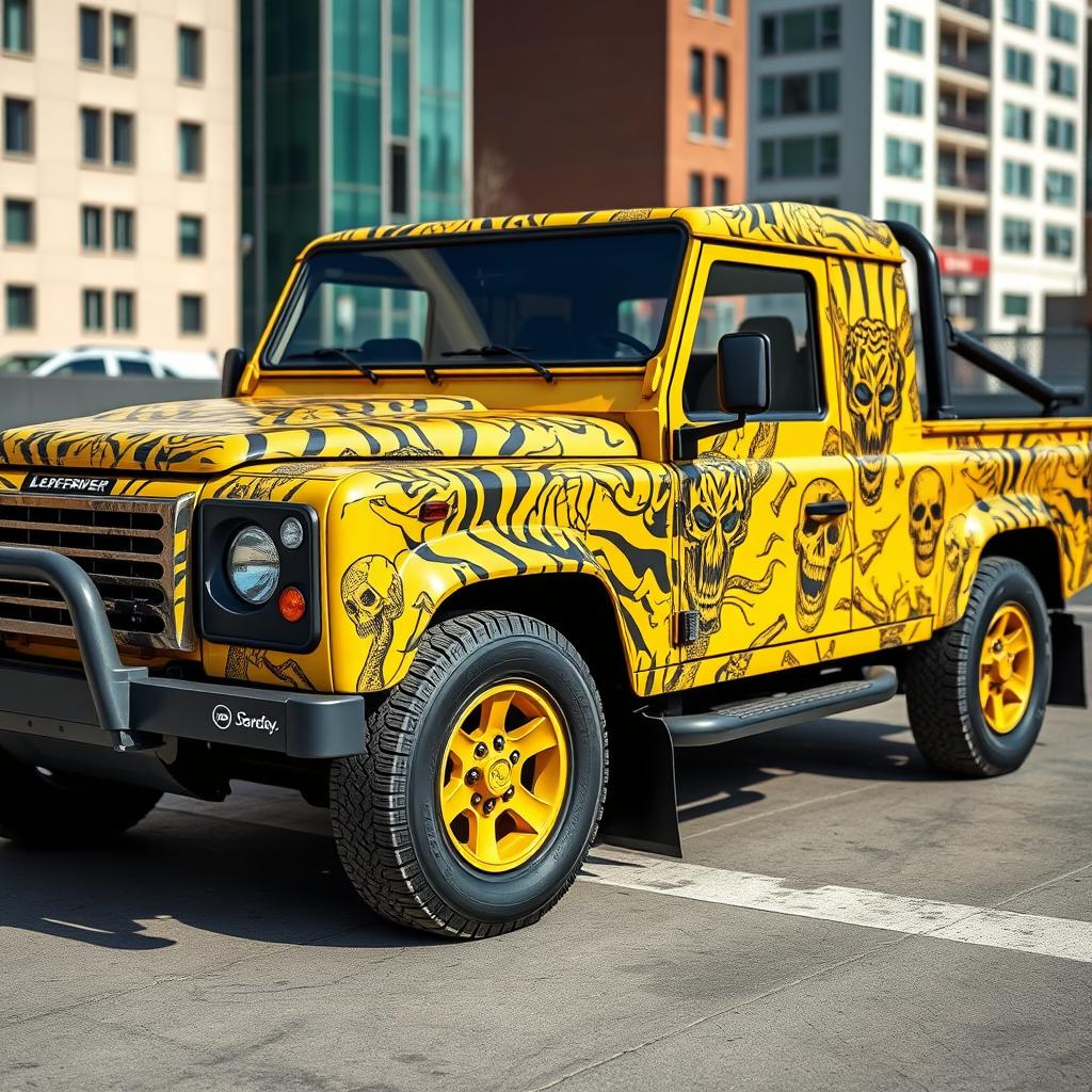 A yellow Land Rover Defender 130 pick-up truck with a full-body wrap featuring a design inspired by the shapes and patterns of a tiger and skull motifs