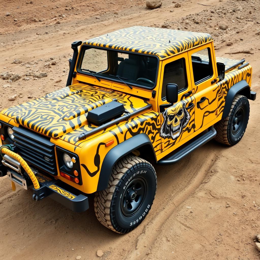 A yellow Land Rover Defender 130 pick-up truck adorned with a full-body wrap that features an intricate design combining tiger patterns and skull motifs