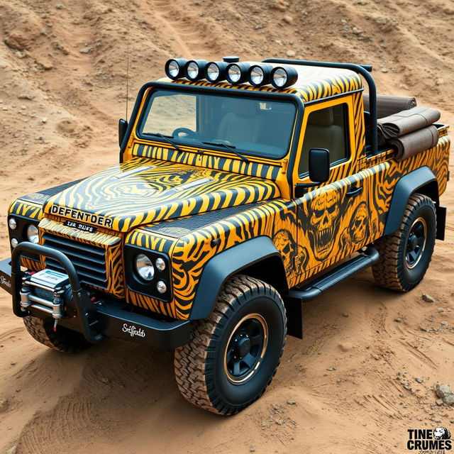 A yellow Land Rover Defender 130 pick-up truck adorned with a full-body wrap that features an intricate design combining tiger patterns and skull motifs