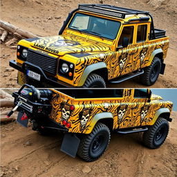 A yellow Land Rover Defender 130 pick-up truck adorned with a full-body wrap that features an intricate design combining tiger patterns and skull motifs