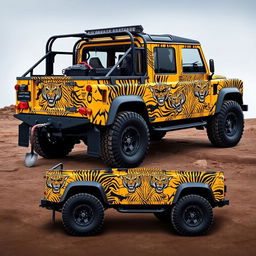 A yellow Land Rover Defender 130 pick-up truck adorned with a full-body wrap that features an intricate design combining tiger patterns and skull motifs