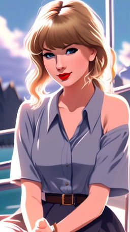 Anime portrait of Taylor Swift in the style of Makoto Shinkai, featuring detailed hair, expressive eyes, and a scenic background.