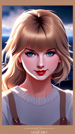 Anime portrait of Taylor Swift in the style of Makoto Shinkai, featuring detailed hair, expressive eyes, and a scenic background.