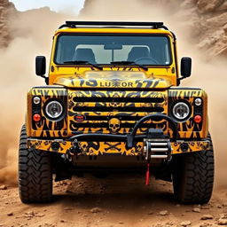 A yellow Land Rover Defender 130 pick-up truck featuring a full-body wrap that combines the fierce shapes and patterns of tigers with edgy skull designs in a unique fade effect