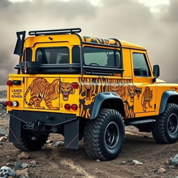 A yellow Land Rover Defender 130 pick-up truck featuring a full-body wrap that combines the fierce shapes and patterns of tigers with edgy skull designs in a unique fade effect