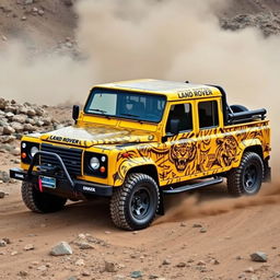 A yellow Land Rover Defender 130 pick-up truck featuring a full-body wrap that combines the fierce shapes and patterns of tigers with edgy skull designs in a unique fade effect