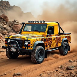 A yellow Land Rover Defender 130 pick-up truck featuring a full-body wrap that combines the fierce shapes and patterns of tigers with edgy skull designs in a unique fade effect