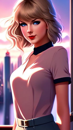 Anime portrait of Taylor Swift in the style of Makoto Shinkai, featuring detailed hair, expressive eyes, and a scenic background.