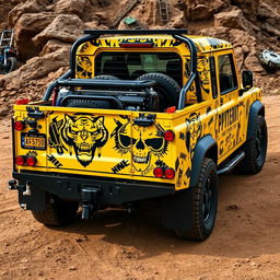 A yellow Land Rover Defender 130 pick-up truck with a striking full-body wrap that blends the shapes and patterns of tigers and skulls, creating a dynamic fade-in effect with intricate details