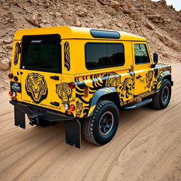 A yellow Land Rover Defender 130 pick-up truck with a striking full-body wrap that blends the shapes and patterns of tigers and skulls, creating a dynamic fade-in effect with intricate details