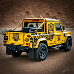 A yellow Land Rover Defender 130 pick-up truck with a striking full-body wrap that blends the shapes and patterns of tigers and skulls, creating a dynamic fade-in effect with intricate details