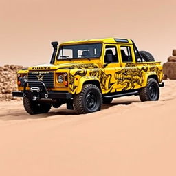 A yellow Land Rover Defender 130 pick-up truck with a striking full-body wrap that blends the shapes and patterns of tigers and skulls, creating a dynamic fade-in effect with intricate details