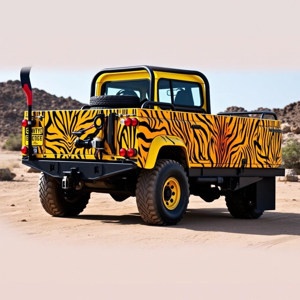 A yellow Land Rover Defender 130 pick-up truck featuring a full-body wrap with a striking design that showcases tiger patterns in a detailed fade effect