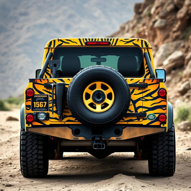 A yellow Land Rover Defender 130 pick-up truck featuring a full-body wrap with a striking design that showcases tiger patterns in a detailed fade effect