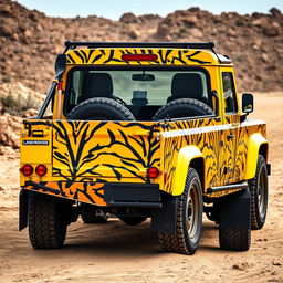 A yellow Land Rover Defender 130 pick-up truck featuring a full-body wrap with a striking design that showcases tiger patterns in a detailed fade effect