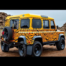 A yellow Land Rover Defender 130 pick-up truck featuring a full-body wrap with a striking design that showcases tiger patterns in a detailed fade effect