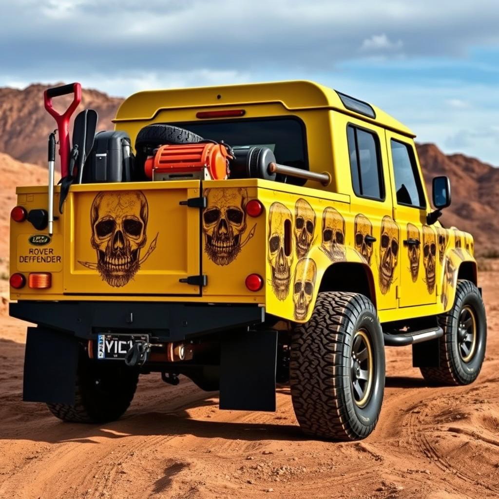 A yellow Land Rover Defender 130 pick-up truck adorned with a striking full-body wrap featuring intricate skull designs in a detailed fade effect