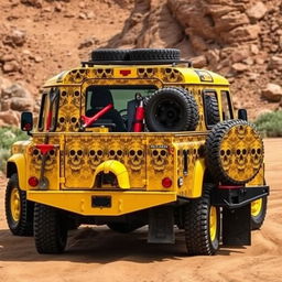 A yellow Land Rover Defender 130 pick-up truck adorned with a striking full-body wrap featuring intricate skull designs in a detailed fade effect