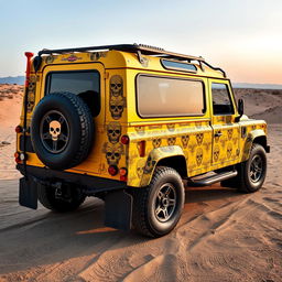 A yellow Land Rover Defender 130 pick-up truck adorned with a striking full-body wrap featuring intricate skull designs in a detailed fade effect