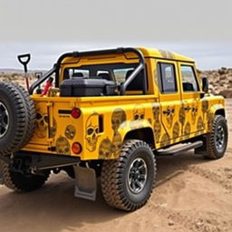 A yellow Land Rover Defender 130 pick-up truck adorned with a striking full-body wrap featuring intricate skull designs in a detailed fade effect