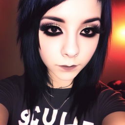 Close-up MySpace-era selfie of an emo individual with black hair and heavy makeup against a dimly lit background.