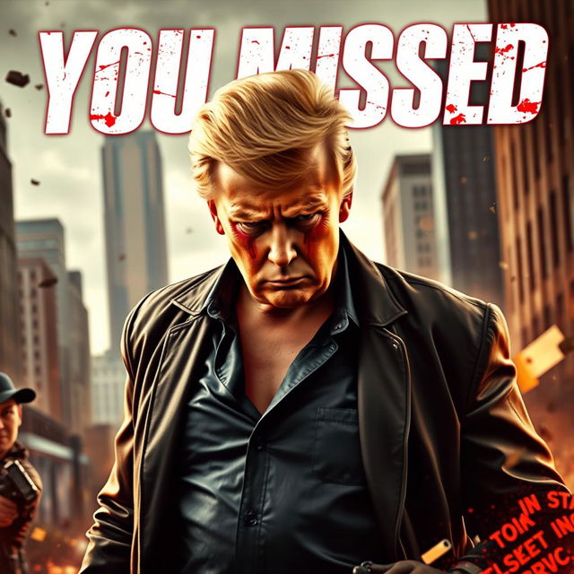 A dynamic and intense action movie poster featuring Donald Trump as the central figure, his face showing determination and intensity, with streaks of blood on his face emphasizing a gritty, battle-hardened look