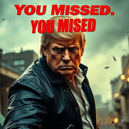 A dynamic and intense action movie poster featuring Donald Trump as the central figure, his face showing determination and intensity, with streaks of blood on his face emphasizing a gritty, battle-hardened look