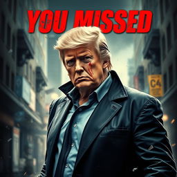 A dynamic and intense action movie poster featuring Donald Trump as the central figure, his face showing determination and intensity, with streaks of blood on his face emphasizing a gritty, battle-hardened look