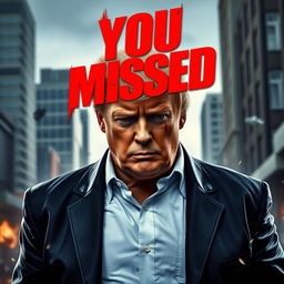 A dynamic and intense action movie poster featuring Donald Trump as the central figure, his face showing determination and intensity, with streaks of blood on his face emphasizing a gritty, battle-hardened look