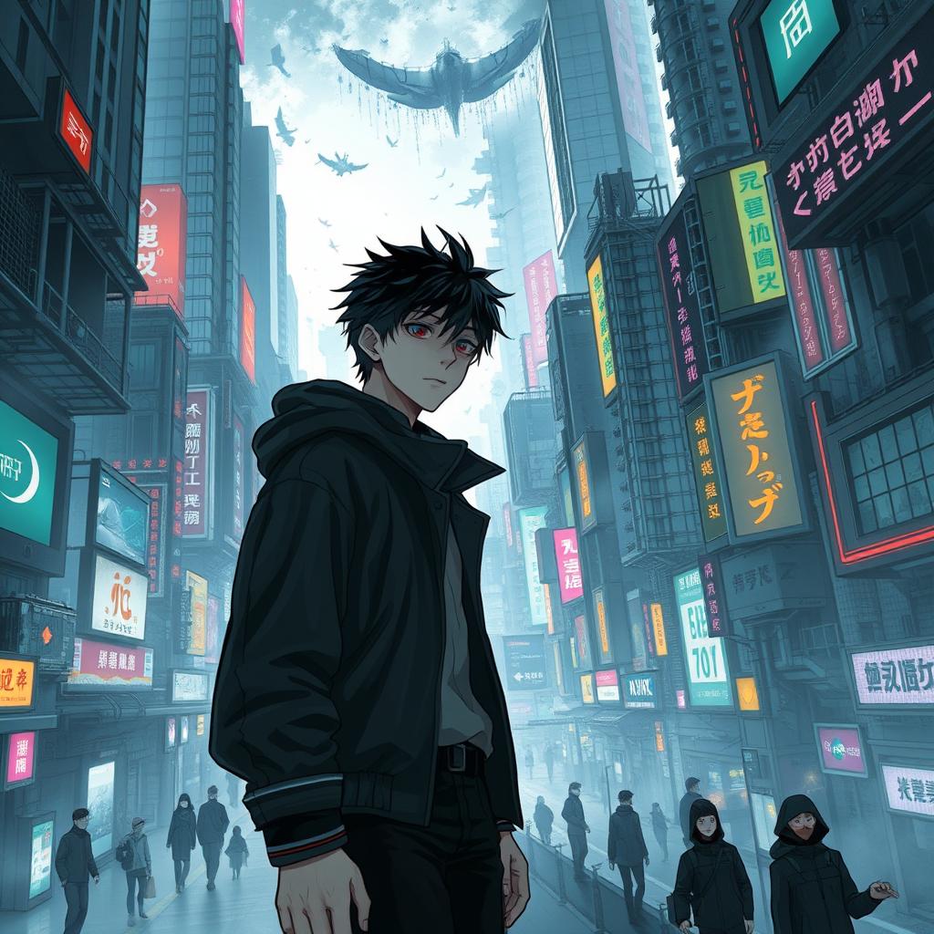 A dark sci-fi scene from a manhwa featuring a young male protagonist amidst a sprawling futuristic city