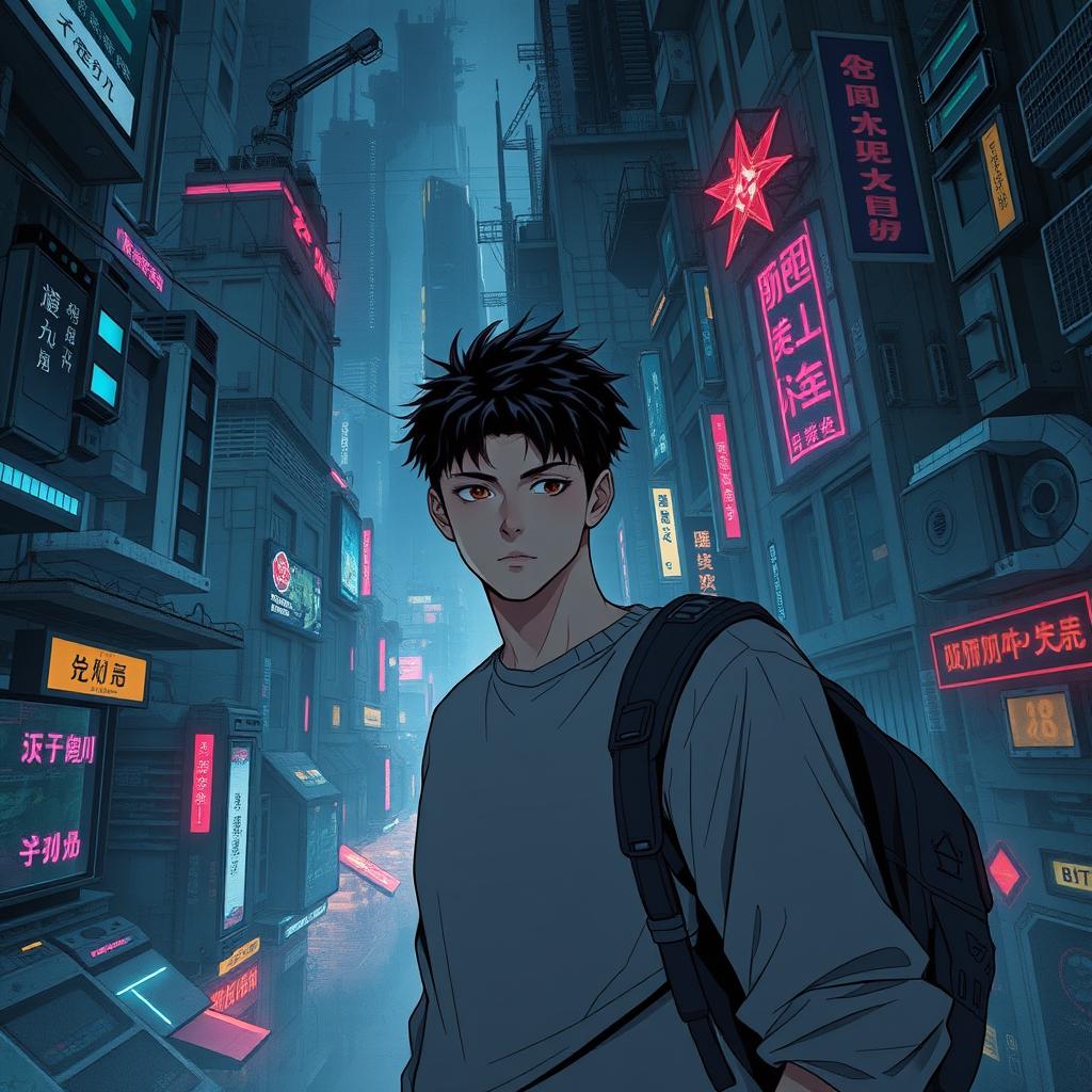 A dark sci-fi scene from a manhwa featuring a young male protagonist amidst a sprawling futuristic city