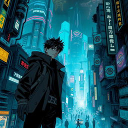 A dark sci-fi scene from a manhwa featuring a young male protagonist amidst a sprawling futuristic city