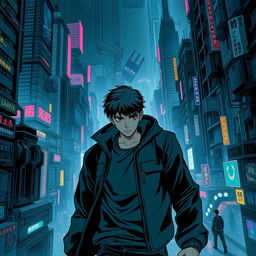 A dark sci-fi scene from a manhwa featuring a young male protagonist amidst a sprawling futuristic city