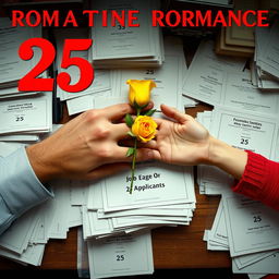 A cinematic romance movie poster, depicting a background scene of a cluttered desk filled with piles of papers, including curriculum vitae and job seeker applications displaying prominently that the maximum age of applicants is 25 years old