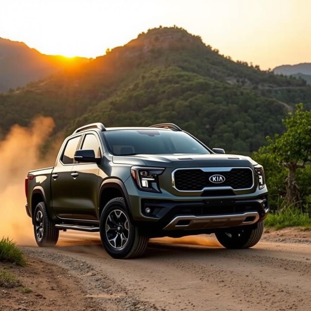 Kia pickup truck parked on a mountainous dirt road with lush greenery surrounding it, the sun setting in the background casting golden hues over the landscape, showcasing the vehicle's sleek design and rugged build