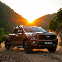 Kia pickup truck parked on a mountainous dirt road with lush greenery surrounding it, the sun setting in the background casting golden hues over the landscape, showcasing the vehicle's sleek design and rugged build