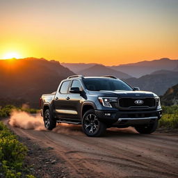 Kia pickup truck parked on a mountainous dirt road with lush greenery surrounding it, the sun setting in the background casting golden hues over the landscape, showcasing the vehicle's sleek design and rugged build