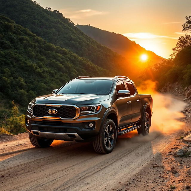 Kia pickup truck parked on a mountainous dirt road with lush greenery surrounding it, the sun setting in the background casting golden hues over the landscape, showcasing the vehicle's sleek design and rugged build