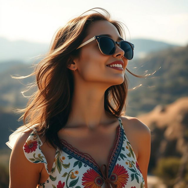 Una chica al aire libre luciendo una elegante playera de verano, sonriendo y disfrutando del sol