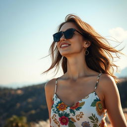 Una chica al aire libre luciendo una elegante playera de verano, sonriendo y disfrutando del sol