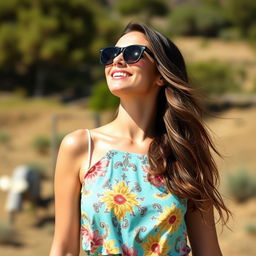 Una chica al aire libre luciendo una elegante playera de verano, sonriendo y disfrutando del sol