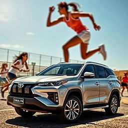 a vibrant and dynamic sports scene featuring a luxury SUV, specifically a Toyota SW4, in the background