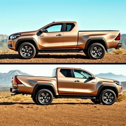 A pick-up truck with the design elements and styling of a Toyota SW4, showcasing both the side and rear features