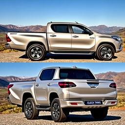 A pick-up truck with the design elements and styling of a Toyota SW4, showcasing both the side and rear features