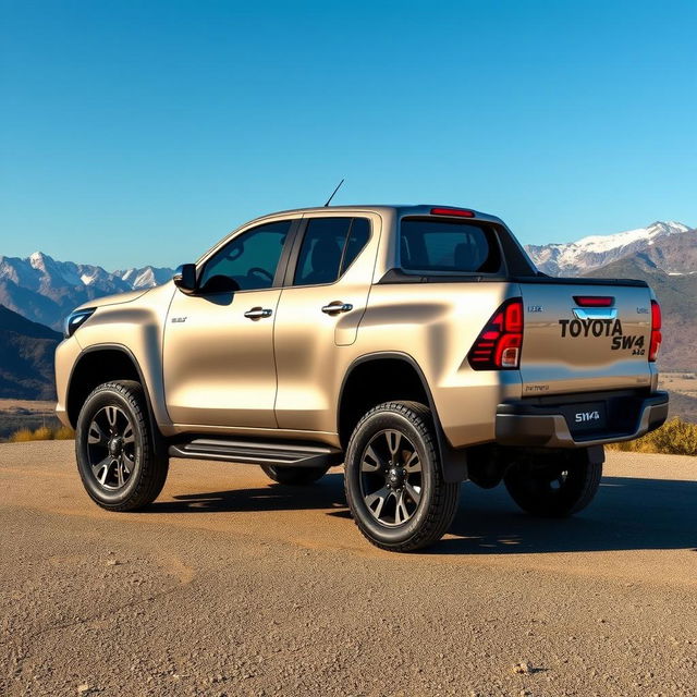 A pick-up truck with the design elements and styling of a Toyota SW4, showcasing both the side and rear features