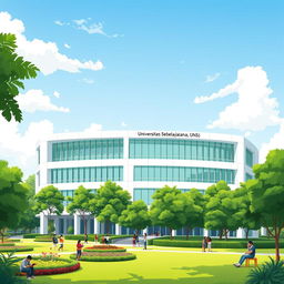 A modern illustration of the Sekolah Pascasarjana building at Universitas Sebelas Maret (UNS), Indonesia