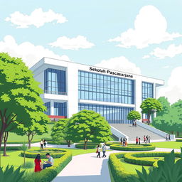 A modern illustration of the Sekolah Pascasarjana building at Universitas Sebelas Maret (UNS), Indonesia