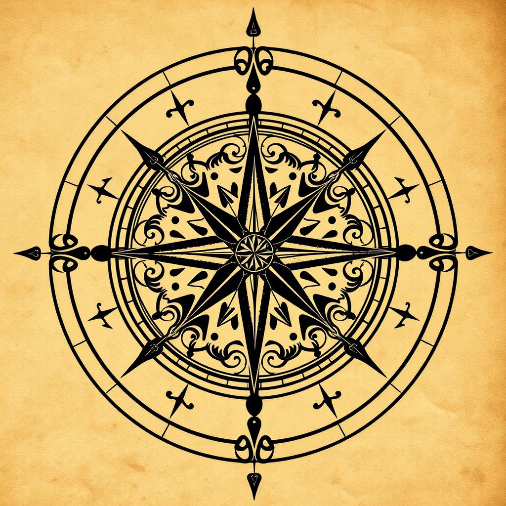 A beautifully crafted compass rose, intricately designed with artistic elements, showcasing the cardinal directions: north, south, east, and west