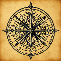 A beautifully crafted compass rose, intricately designed with artistic elements, showcasing the cardinal directions: north, south, east, and west